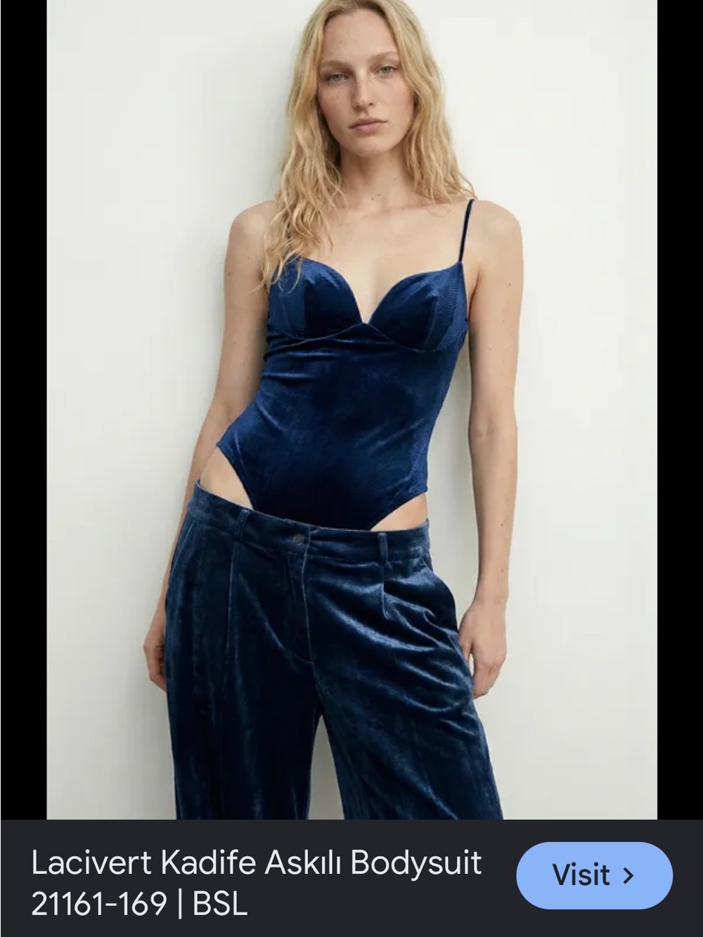 Zara Deep Blue Velvet Spaghetti-Strap Bodysuit